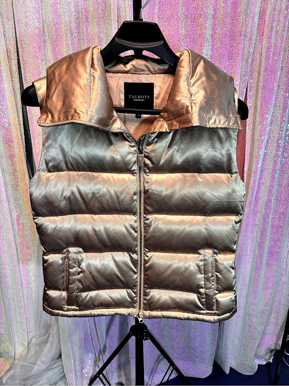 Talbots Metallic Quilted Puffer Vest Gold Sateen Size Large